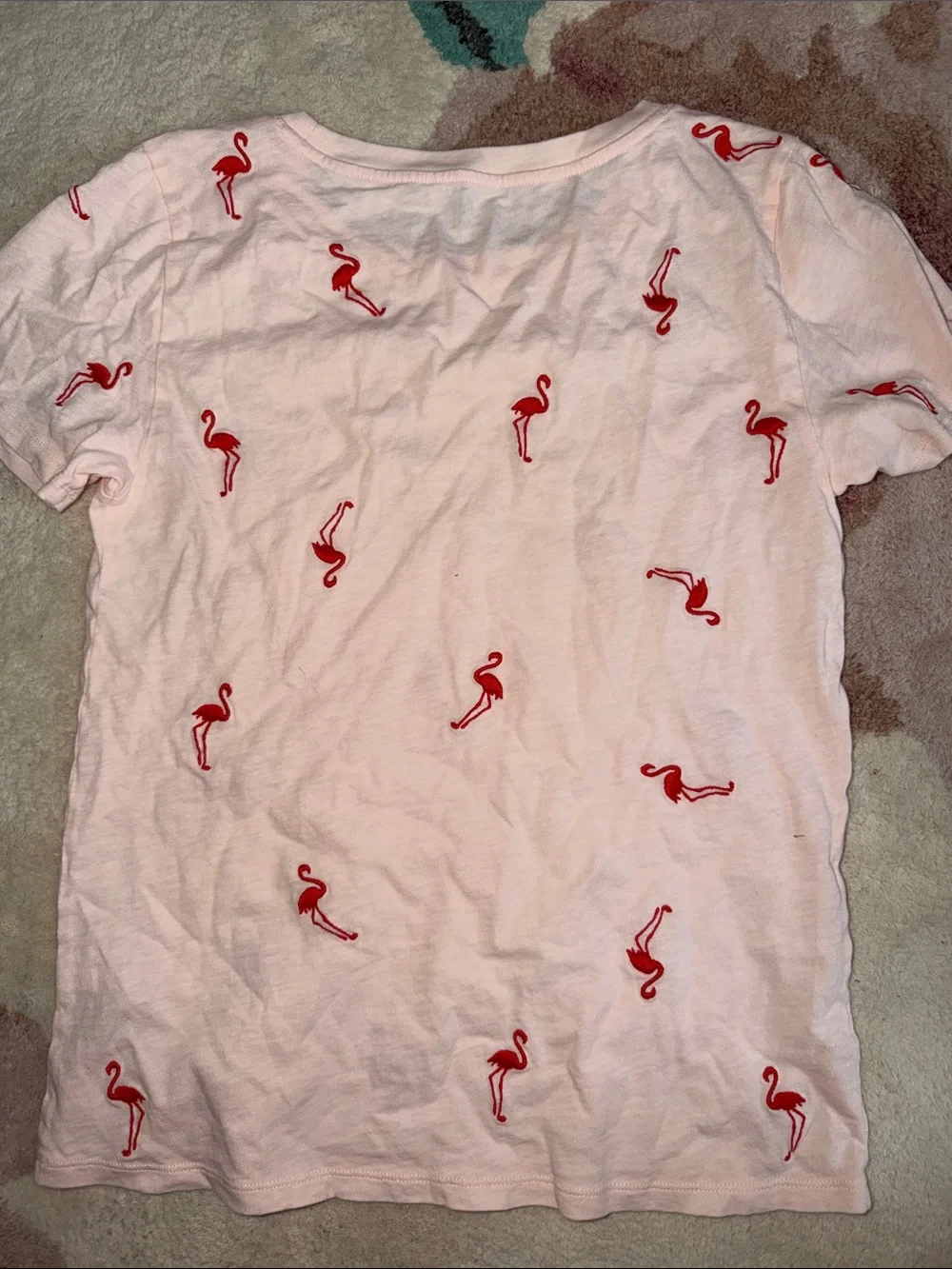 J. Crew Pink Tee with Red Flamingo Embroidery